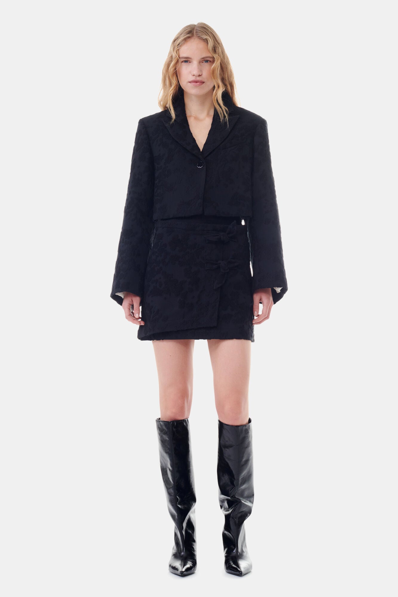 Black Boucle Jacquard Suiting Cropped Blazer Jackets & Coats Ganni