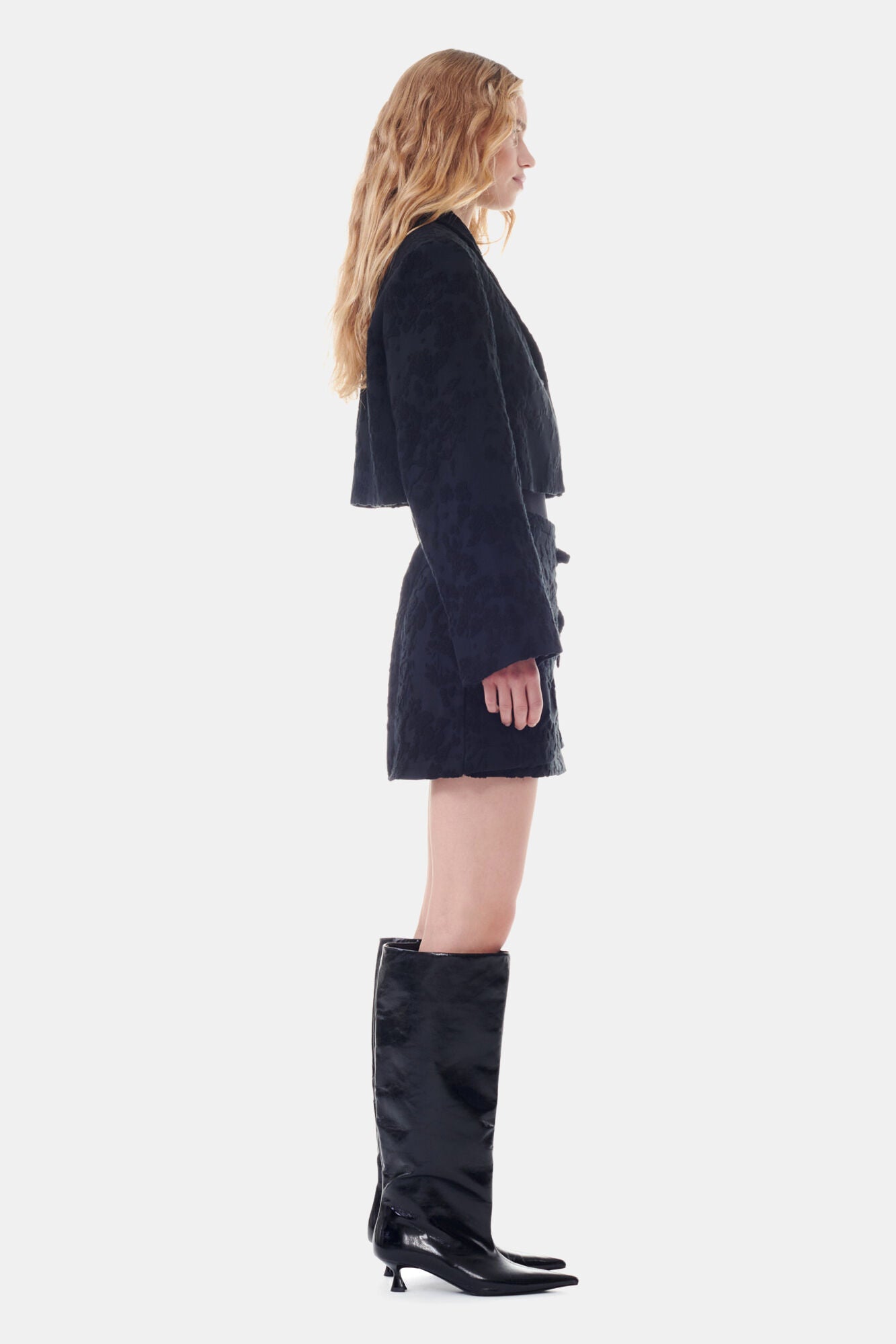 Black Boucle Jacquard Suiting Cropped Blazer Jackets & Coats Ganni