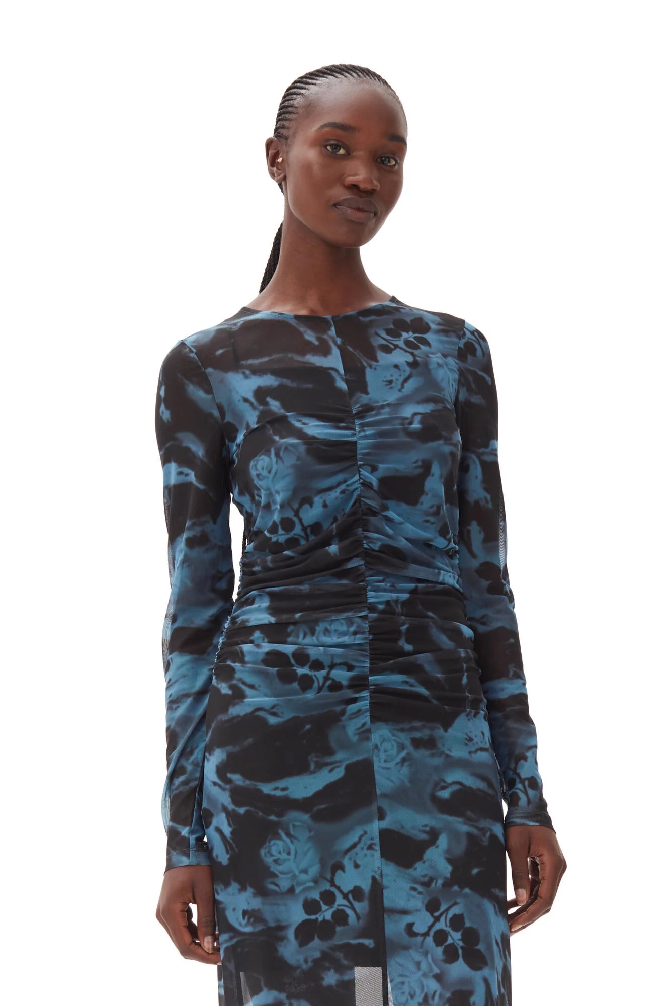 Printed Mesh O neck Ruched Long Dress