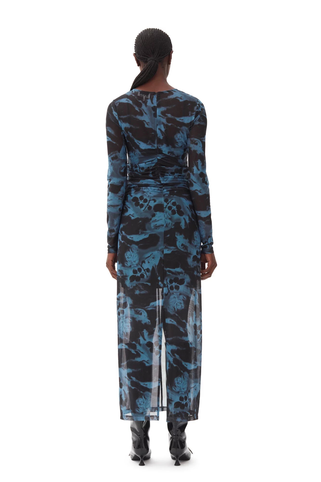Printed Mesh O-neck Ruched Long Dress Dresses Ganni