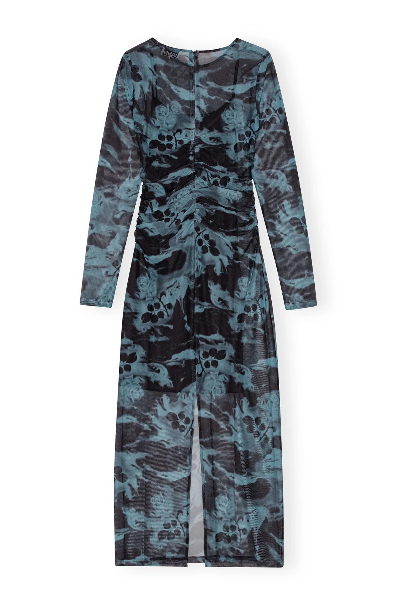 Printed Mesh O-neck Ruched Long Dress Dresses Ganni