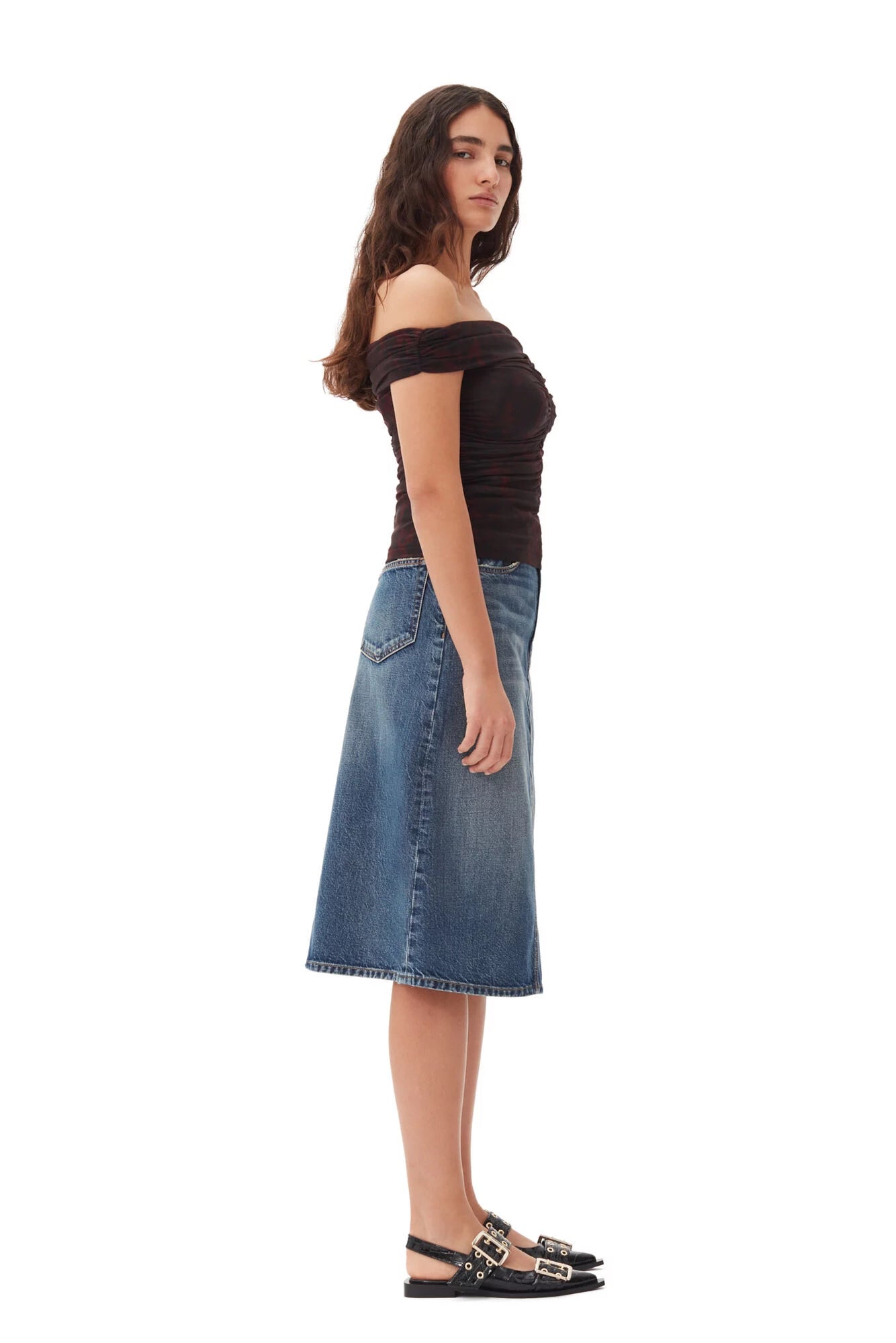 GANNI Brown Off Shoulder Ruched Tank Top