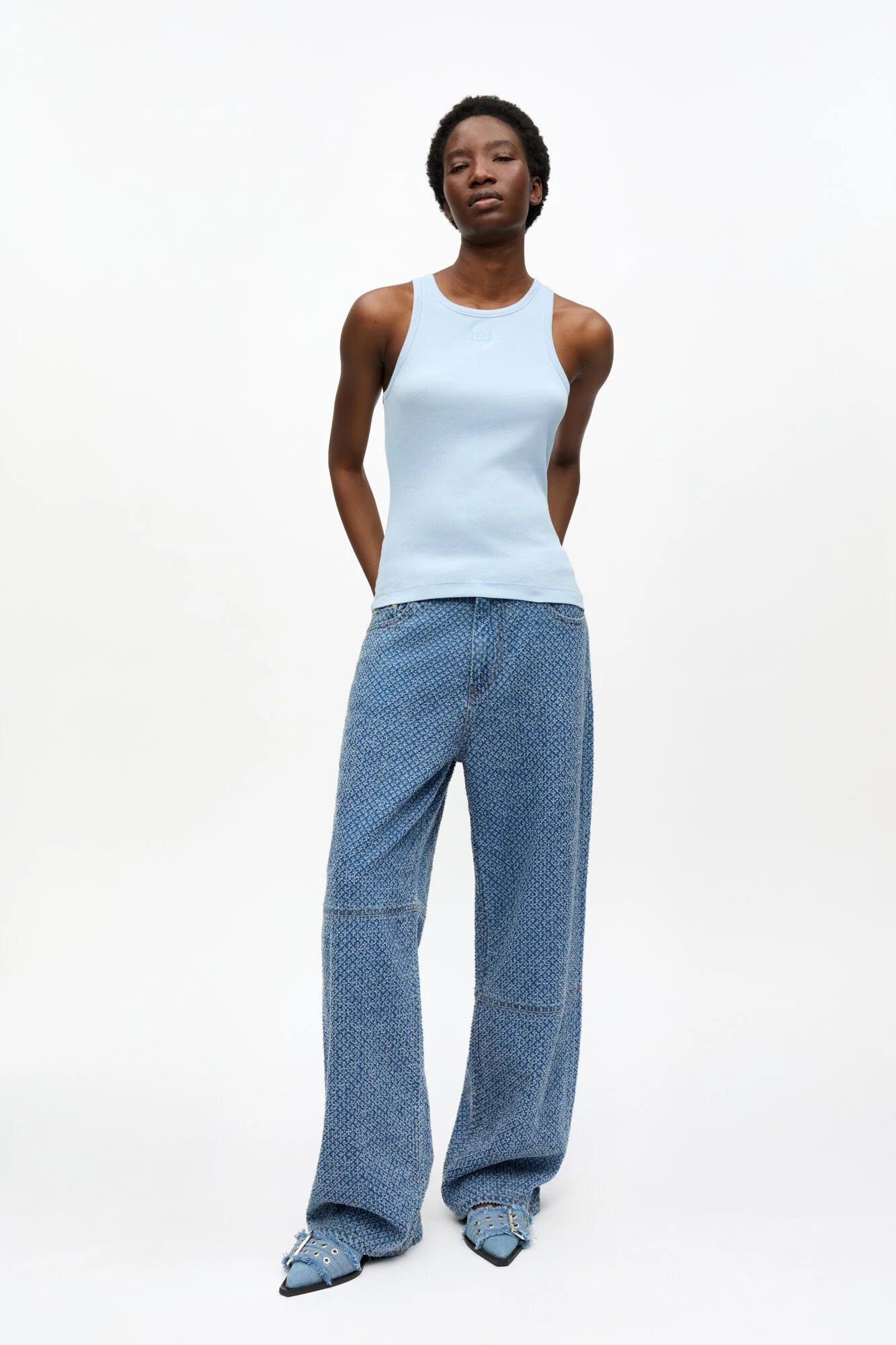 Blue Soft Cotton Rib Tank Top T-Shirts Ganni