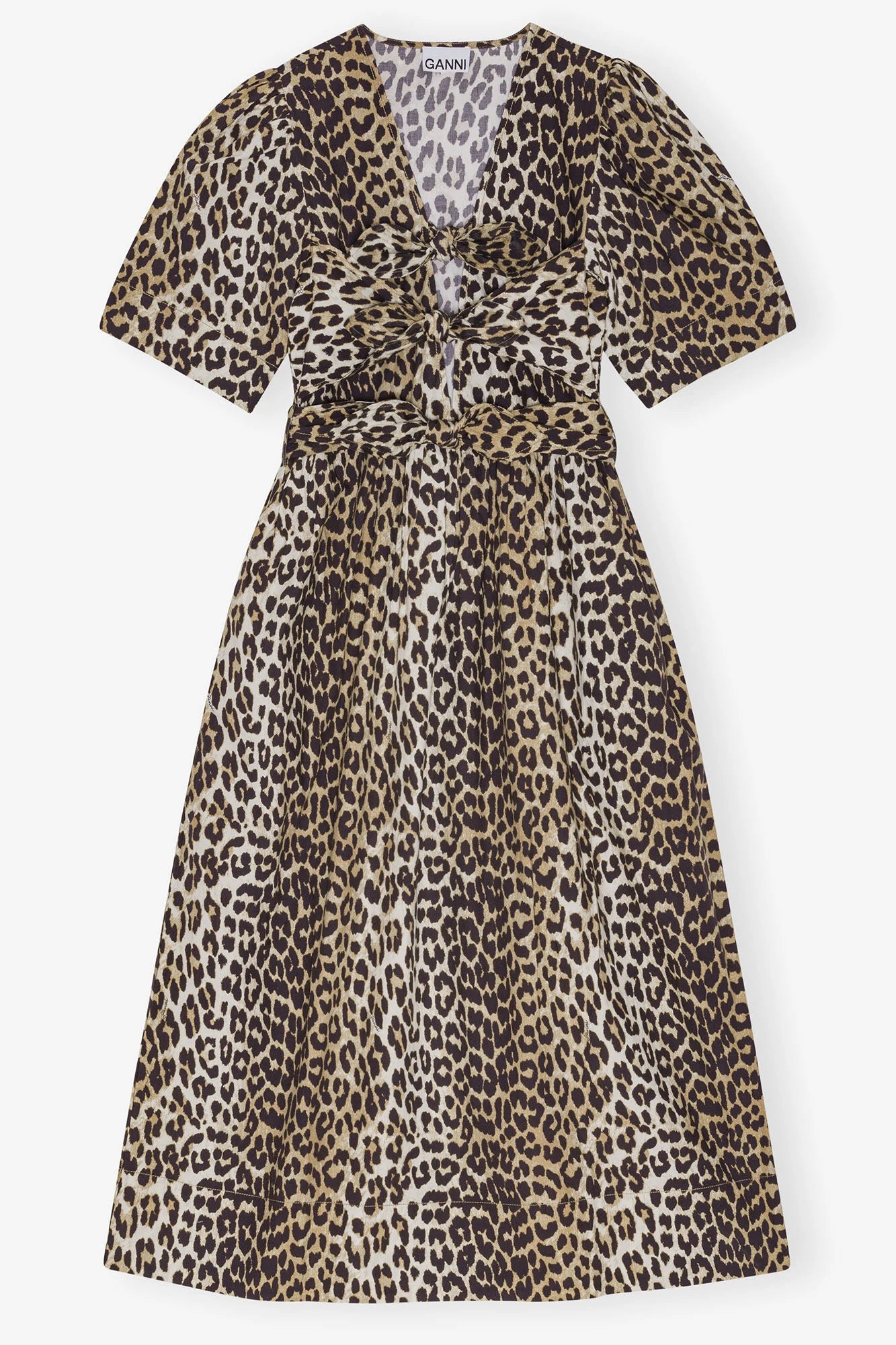 Leopard Printed Cotton Tie Strap Midi Dress Dresses Ganni