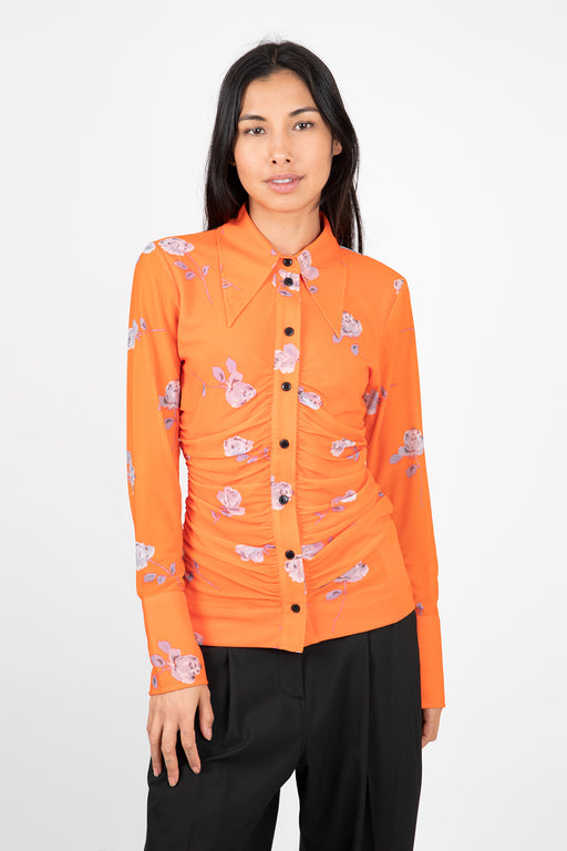 Ganni-Orange-Printed-Mesh-Ruched-Shirt-Orangeade