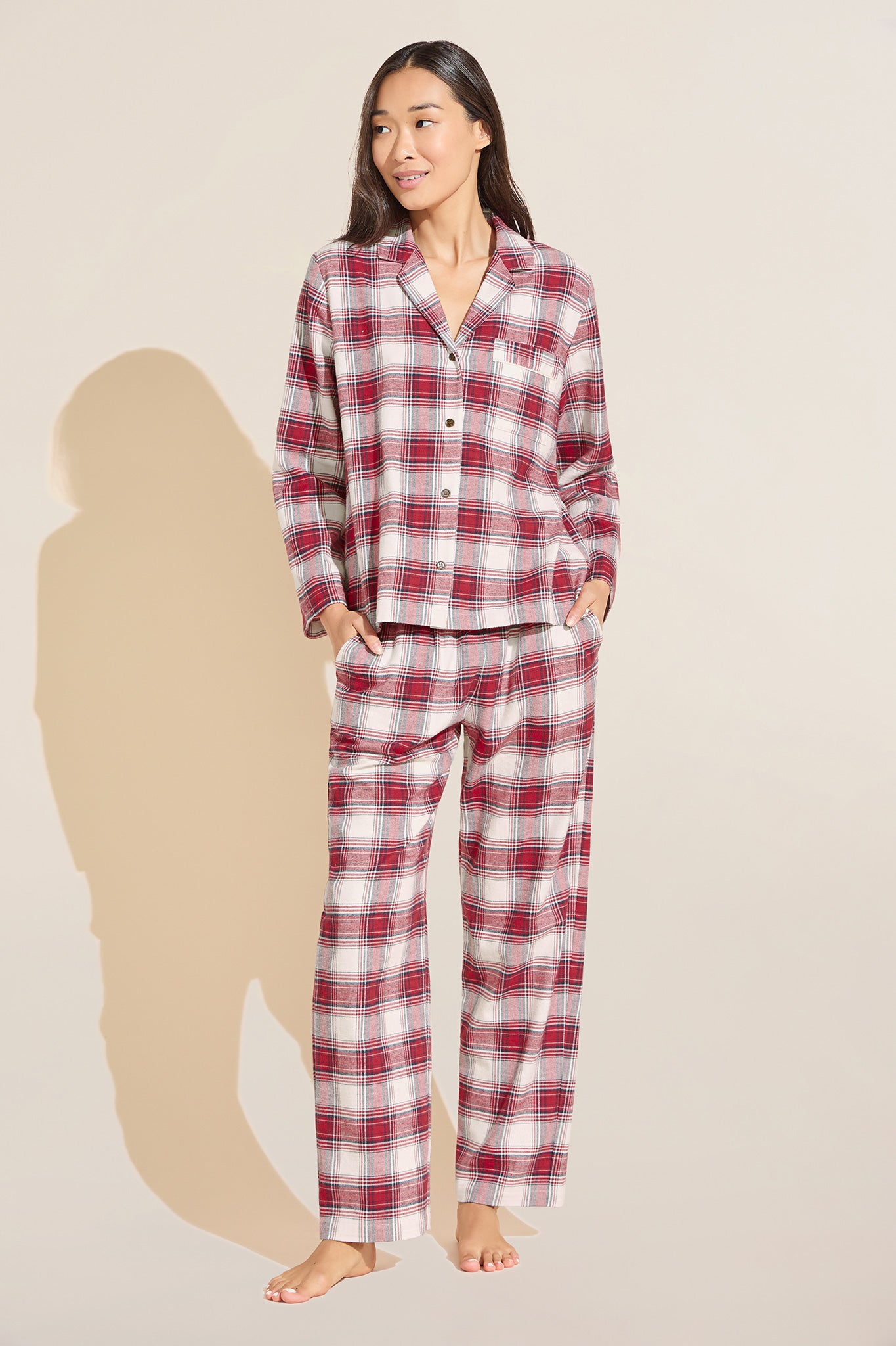 Eberjey-Flannel-Long-PJ-Set-Tartan-Plaid-Haute-Red-Ivory