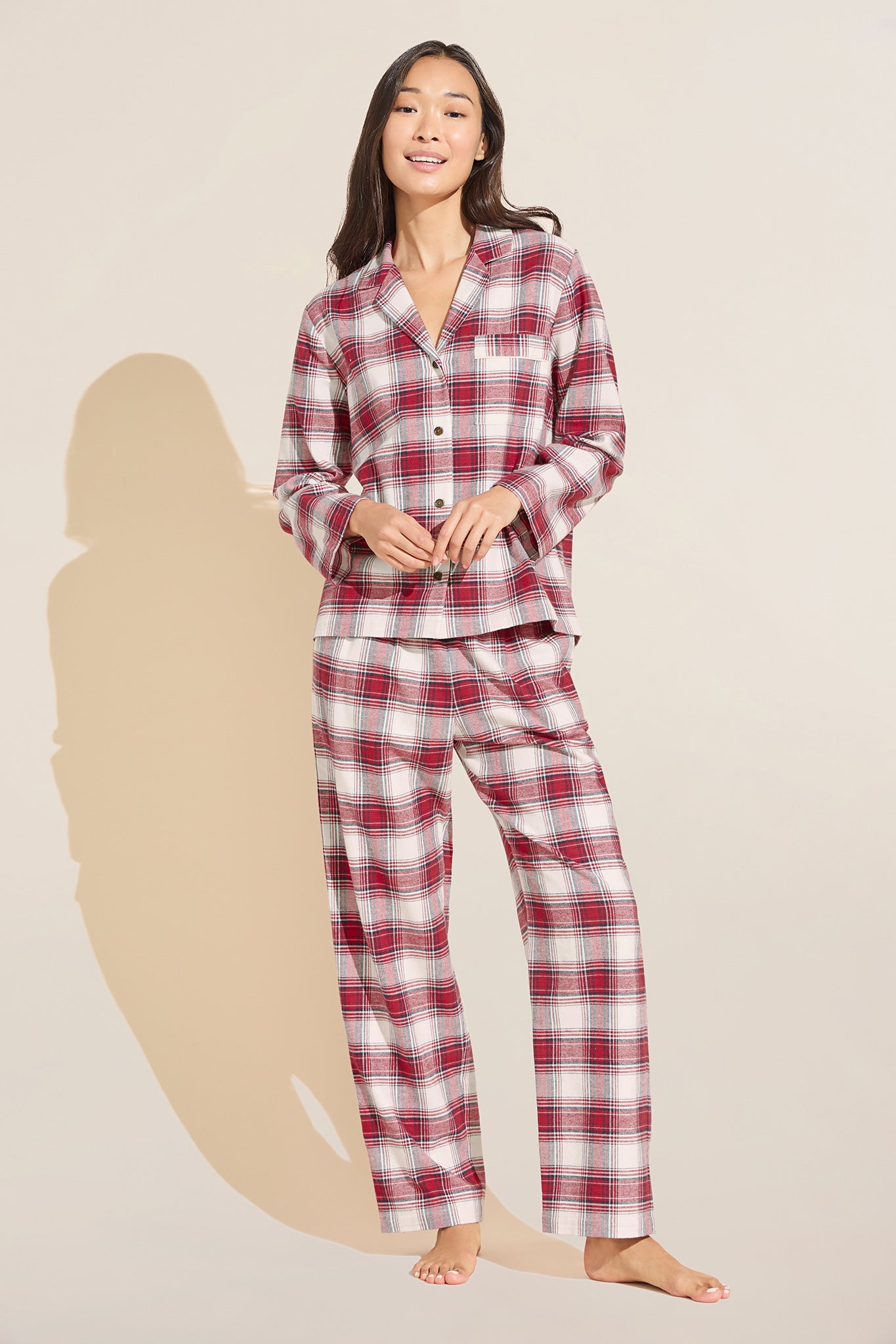 Eberjey-Flannel-Long-PJ-Set-Tartan-Plaid-Haute-Red-Ivory