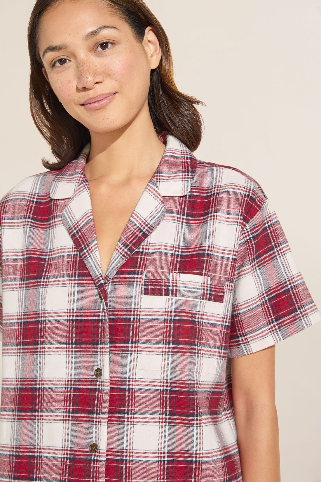 Eberjey-Flannel-Short-PJ-Set-Tartan-Plaid-Haute-Red-Ivory