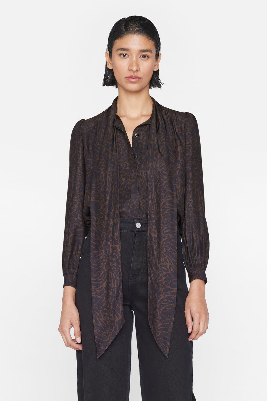    FRAME-Femme-Tie-Neck-Blouse-Espresso-Multi