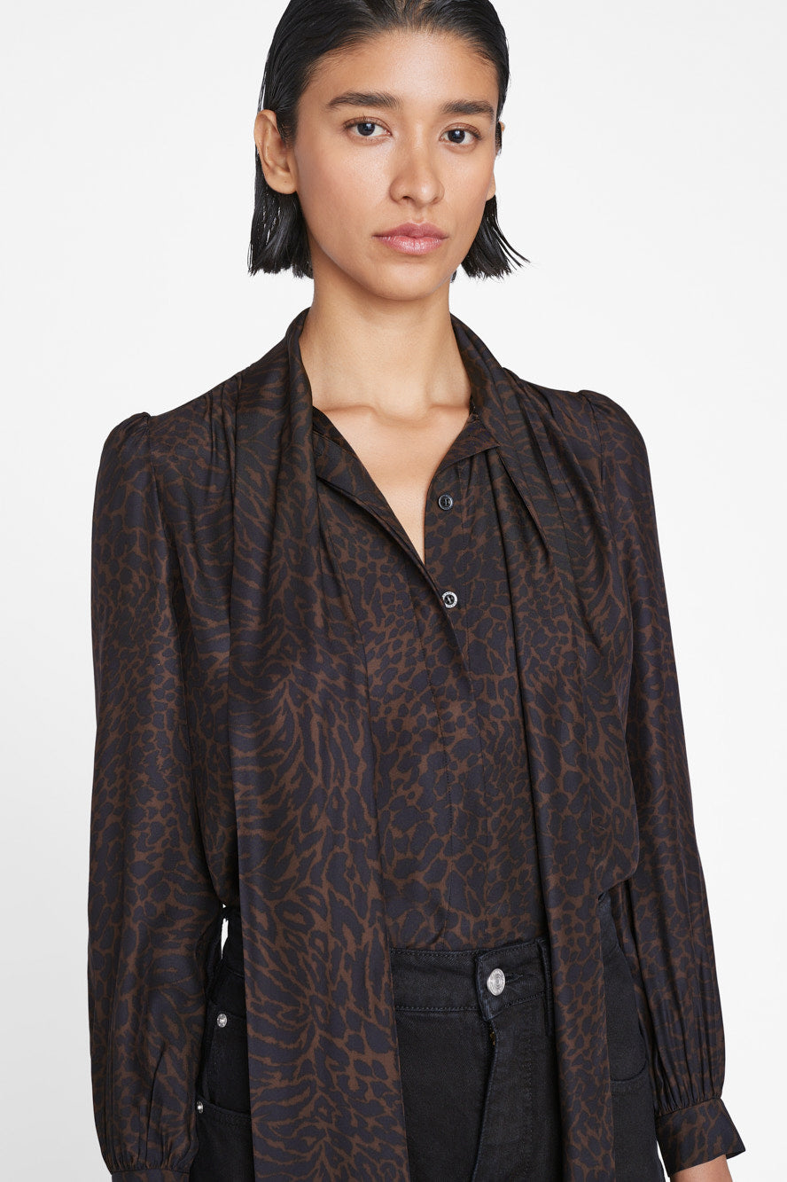    FRAME-Femme-Tie-Neck-Blouse-Espresso-Multi