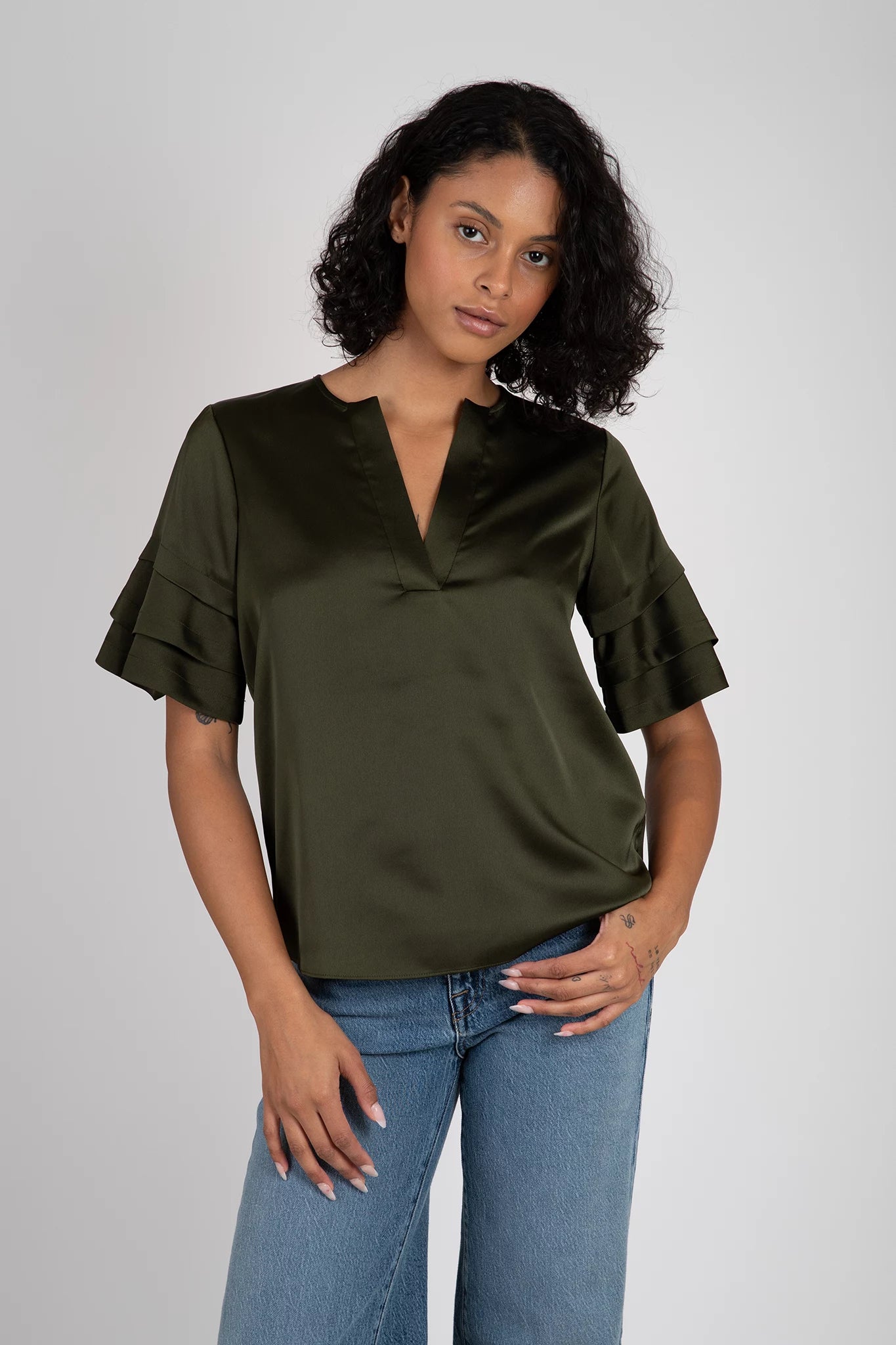 Tiered Ruffle Short Sleeve Blouse Tops FRAME   