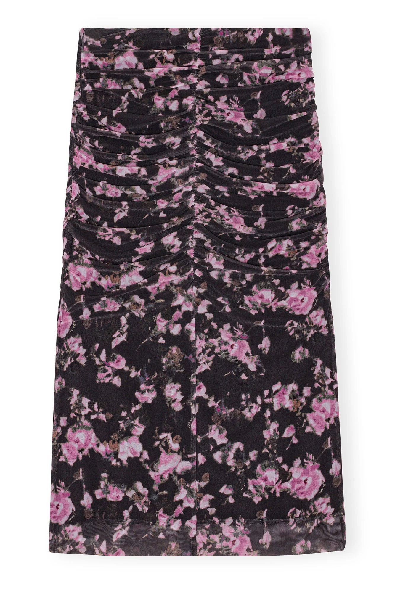 Black Floral Printed Mesh Ruched Midi Skirt