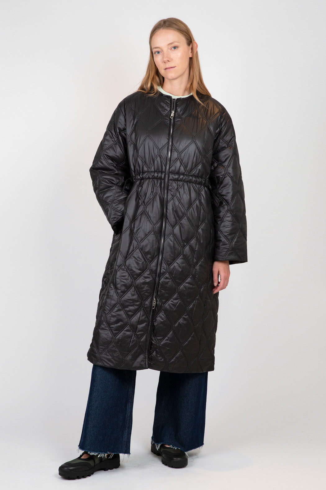 Ganni-Black-Shiny-Quilt-Long-Coat-Black