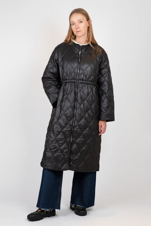 Ganni-Black-Shiny-Quilt-Long-Coat-Black