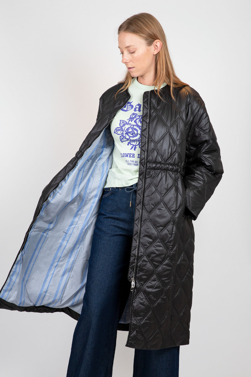 Ganni-Black-Shiny-Quilt-Long-Coat-Black