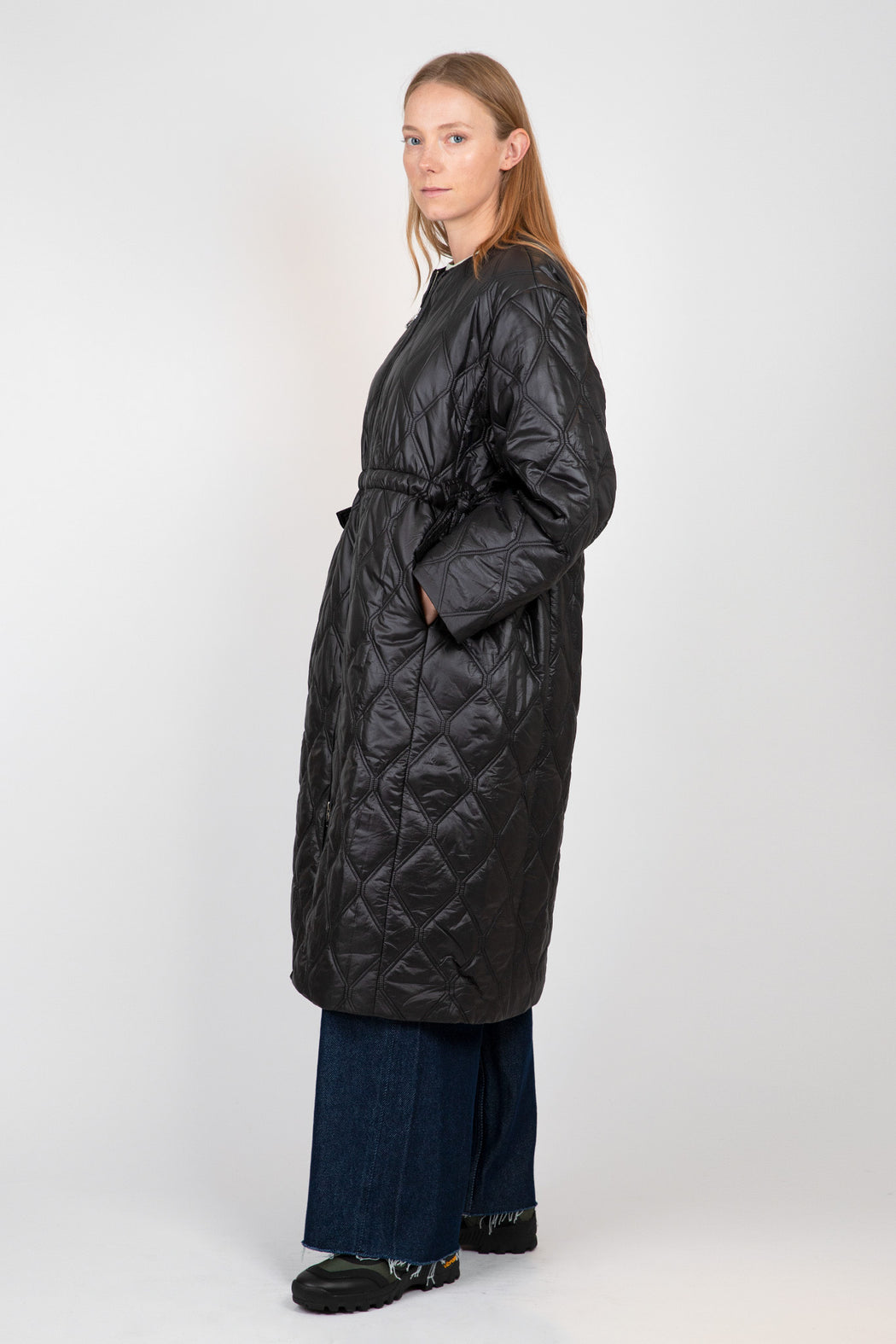 Ganni-Black-Shiny-Quilt-Long-Coat-Black