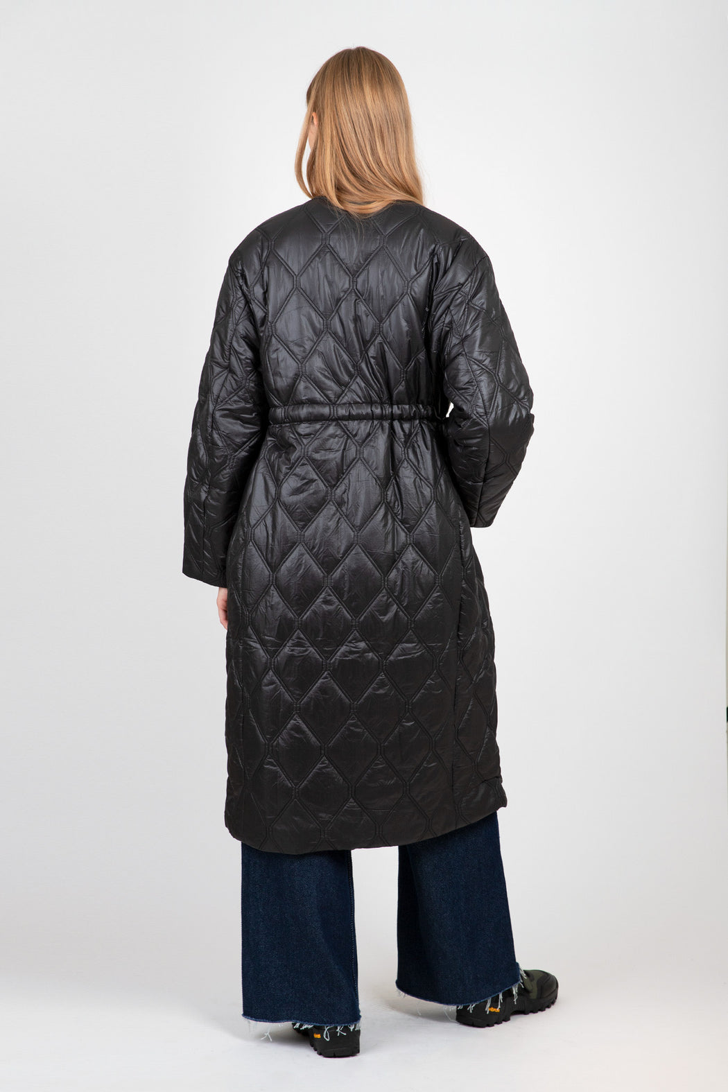Ganni-Black-Shiny-Quilt-Long-Coat-Black