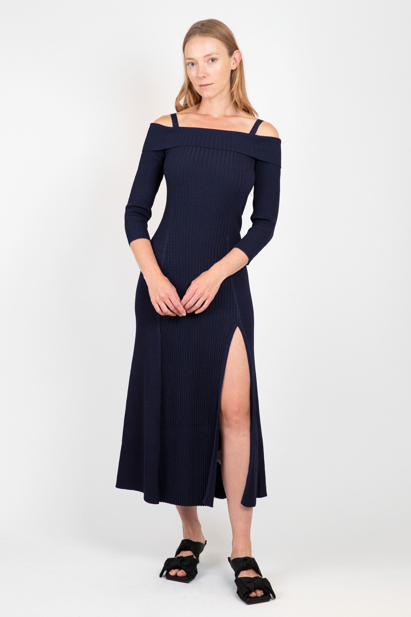 Blue Melange Knit Off Shoulder Maxi Dress Skirts &amp; Dresses Ganni   