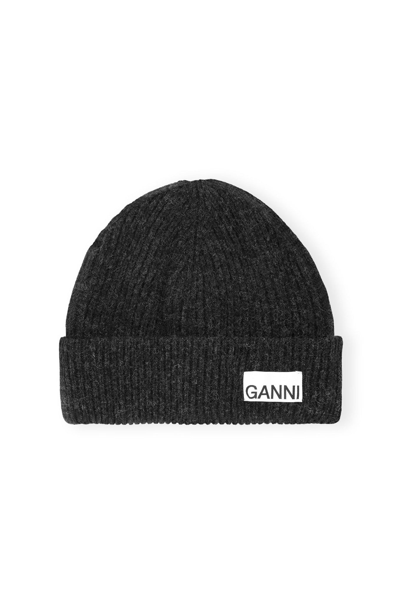 Ganni-Dark-Grey-Fitted-Rib-Knit-Wool-Beanie-Phantom