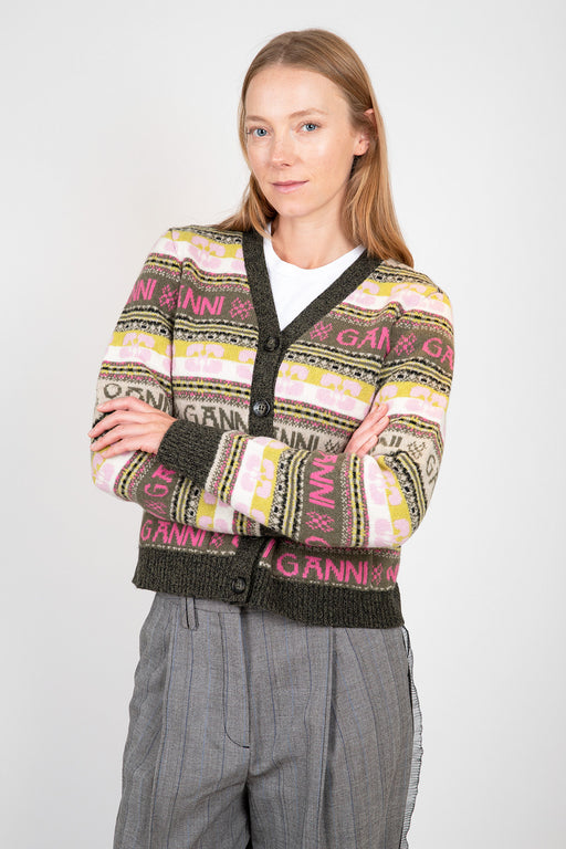    Ganni-Green-Logo-Wool-Mix-Cardigan-Kalamata