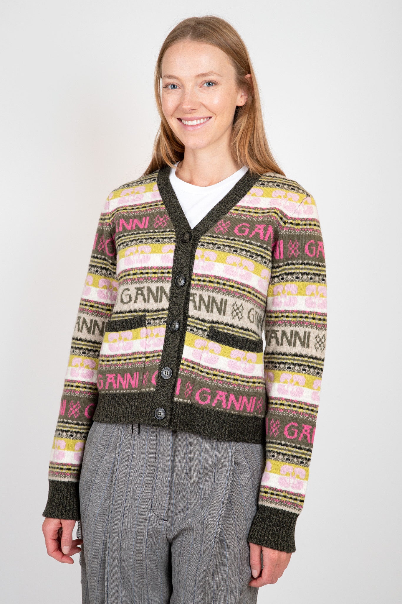 Green Logo Wool Mix Cardigan Sweaters &amp; Knits Ganni   