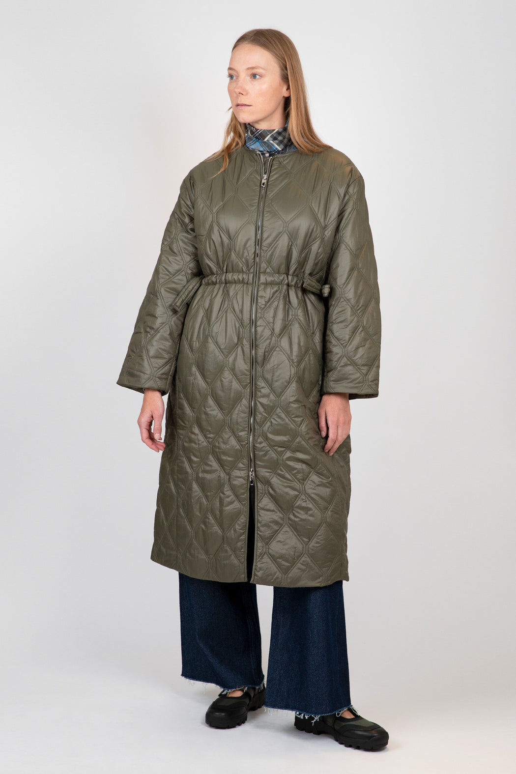 Ganni-Green-Shiny-Quilt-Long-Coat-Kalamata