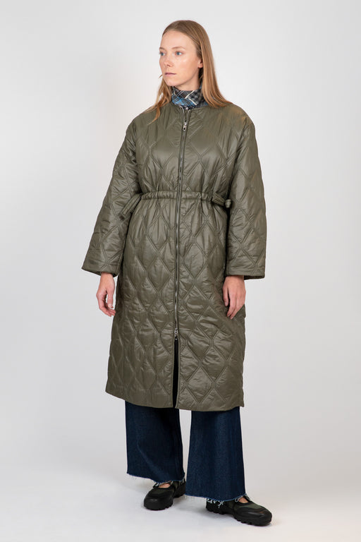Ganni-Green-Shiny-Quilt-Long-Coat-Kalamata