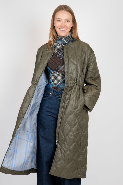 Ganni-Green-Shiny-Quilt-Long-Coat-Kalamata
