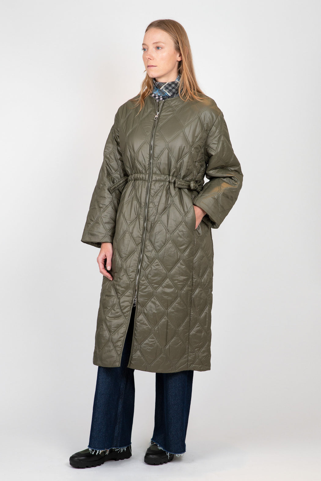 Ganni-Green-Shiny-Quilt-Long-Coat-Kalamata