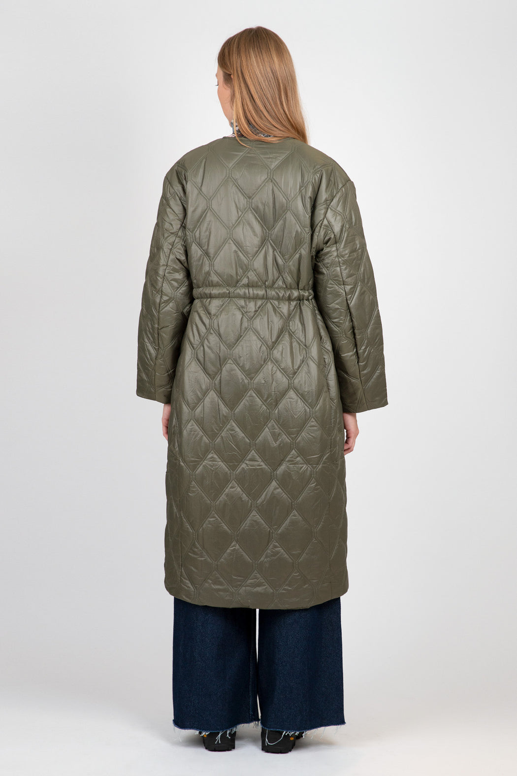 Ganni-Green-Shiny-Quilt-Long-Coat-Kalamata