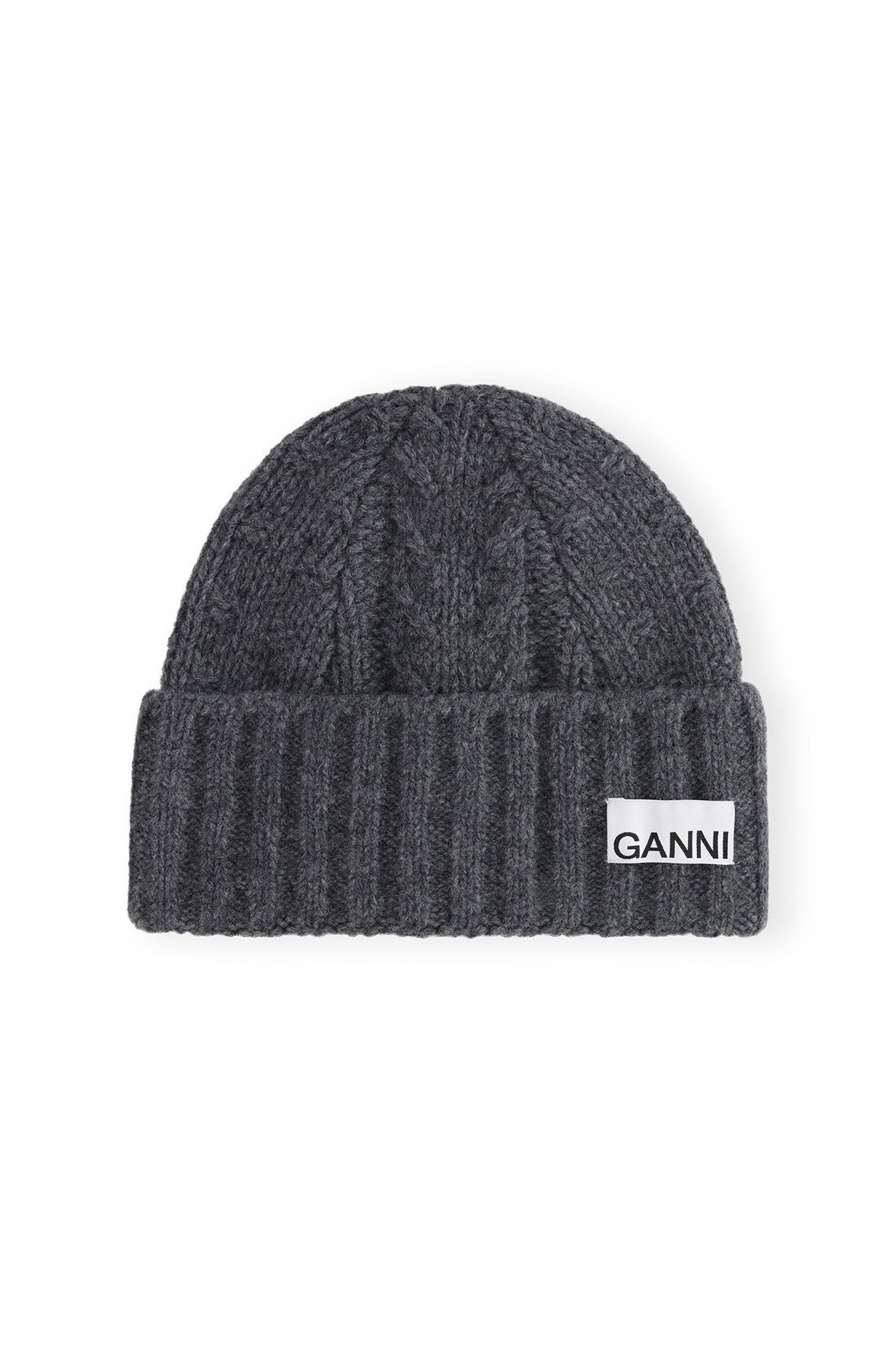    Ganni-Grey-Regular-Wool-Cable-Beanie-Frost-Gray