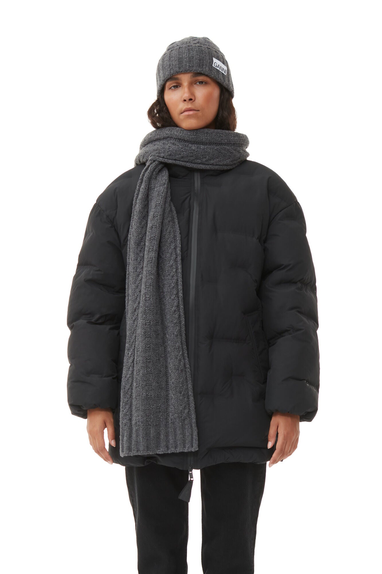    Ganni-Grey-Regular-Wool-Cable-Beanie-Frost-Gray