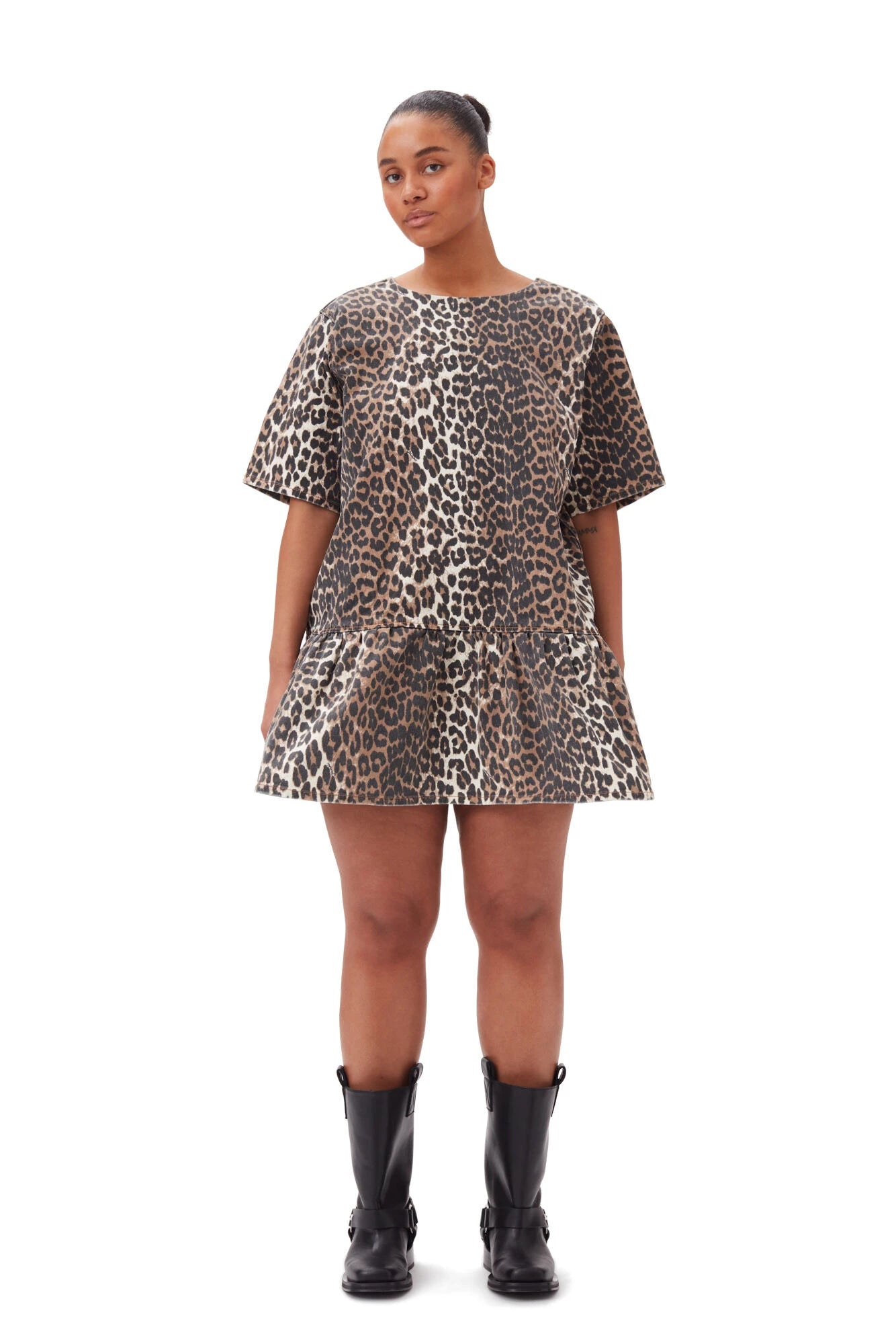 Leopard Open-Back Mini Denim Dress Skirts & Dresses Ganni   