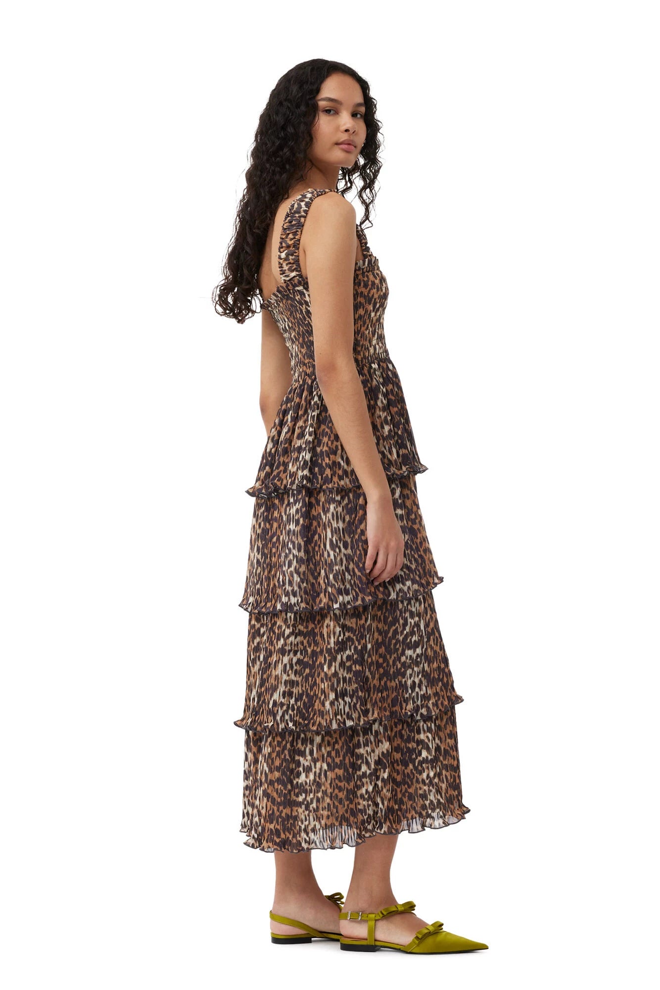 Leopard Pleated Georgette Flounce Smock Midi Dress Skirts &amp; Dresses Ganni   