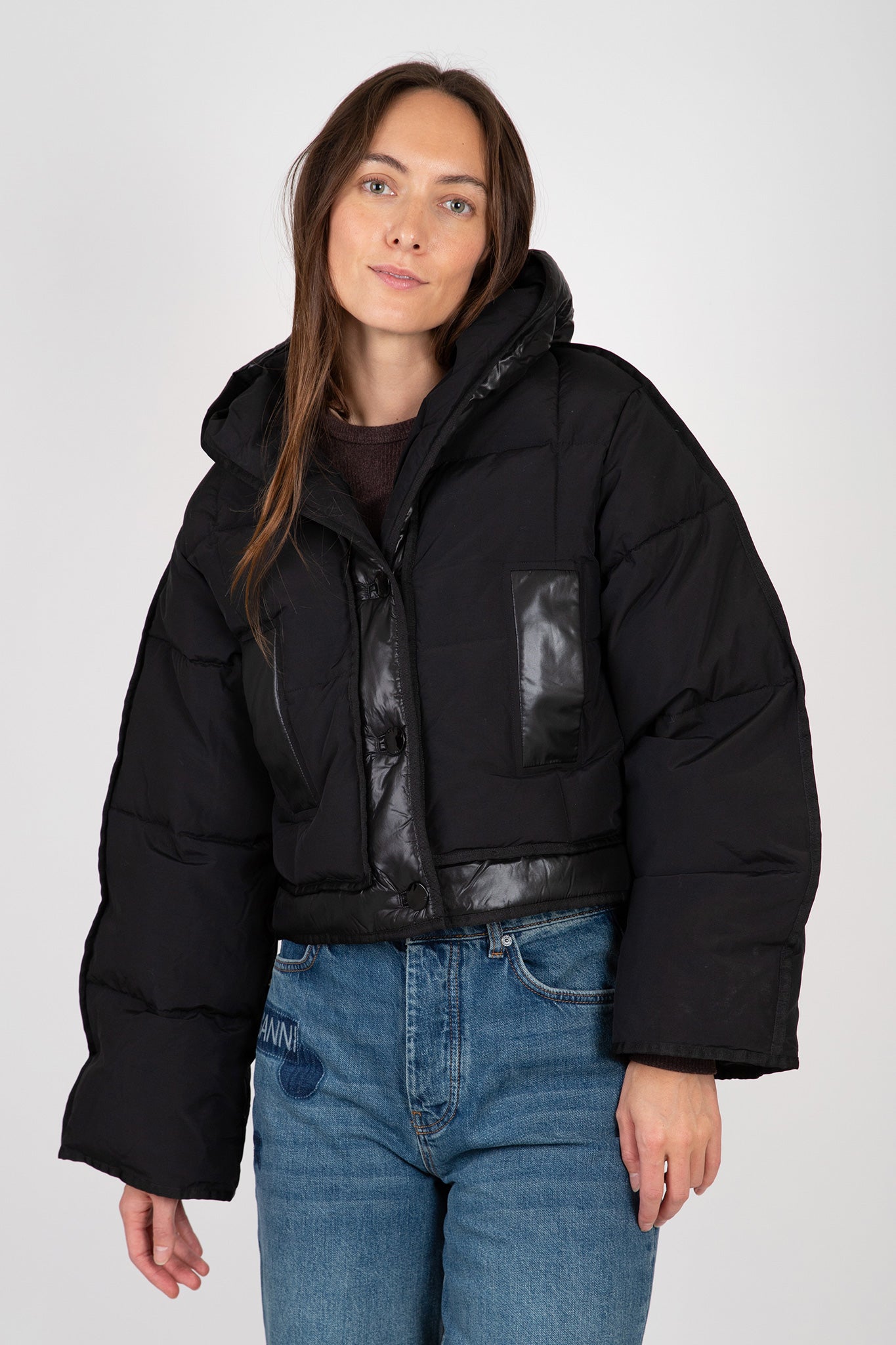 Ganni-Mix-Puffer-Hooded-Short-Jacket-Black
