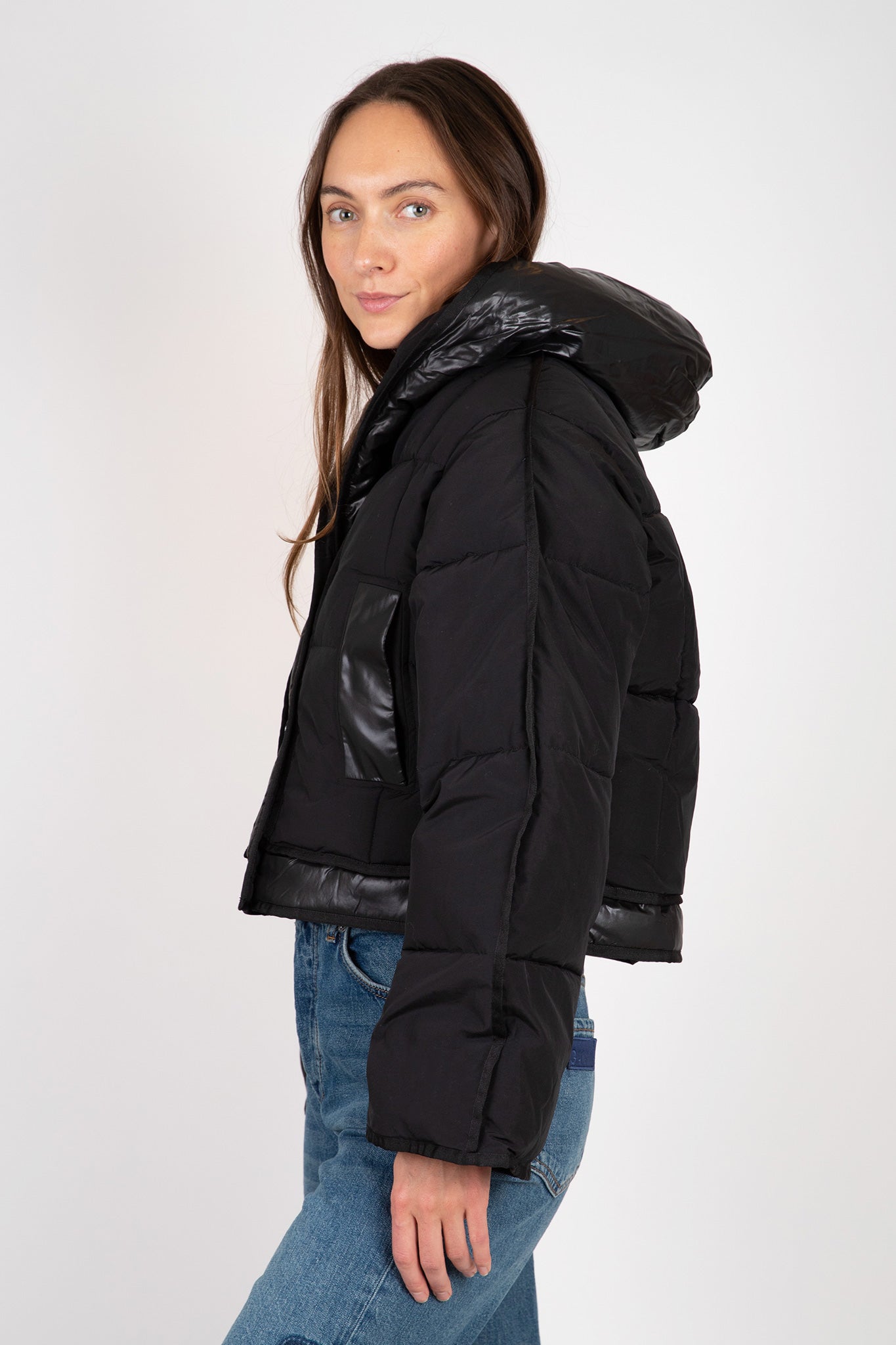Ganni-Mix-Puffer-Hooded-Short-Jacket-Black