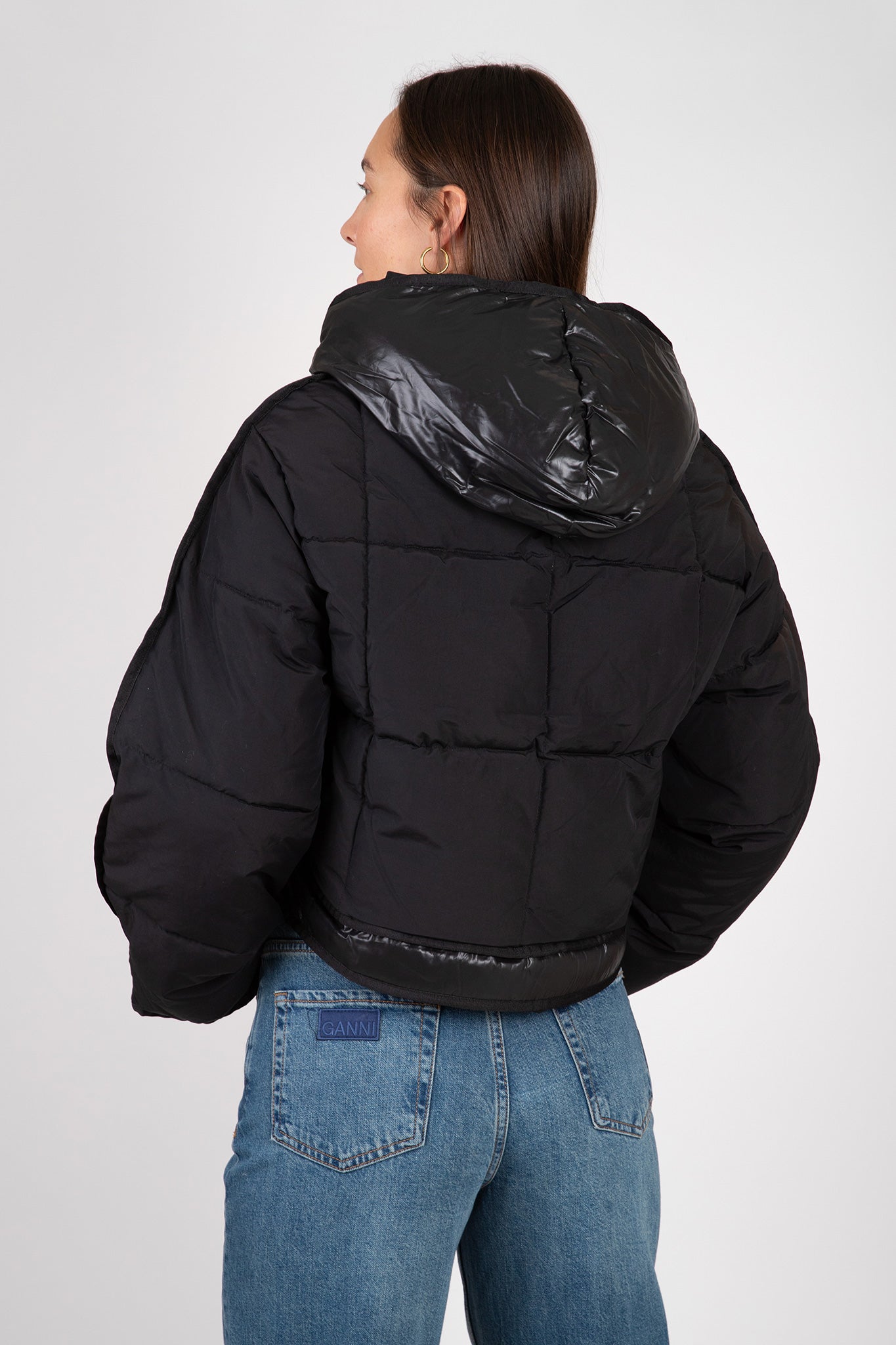 Ganni-Mix-Puffer-Hooded-Short-Jacket-Black