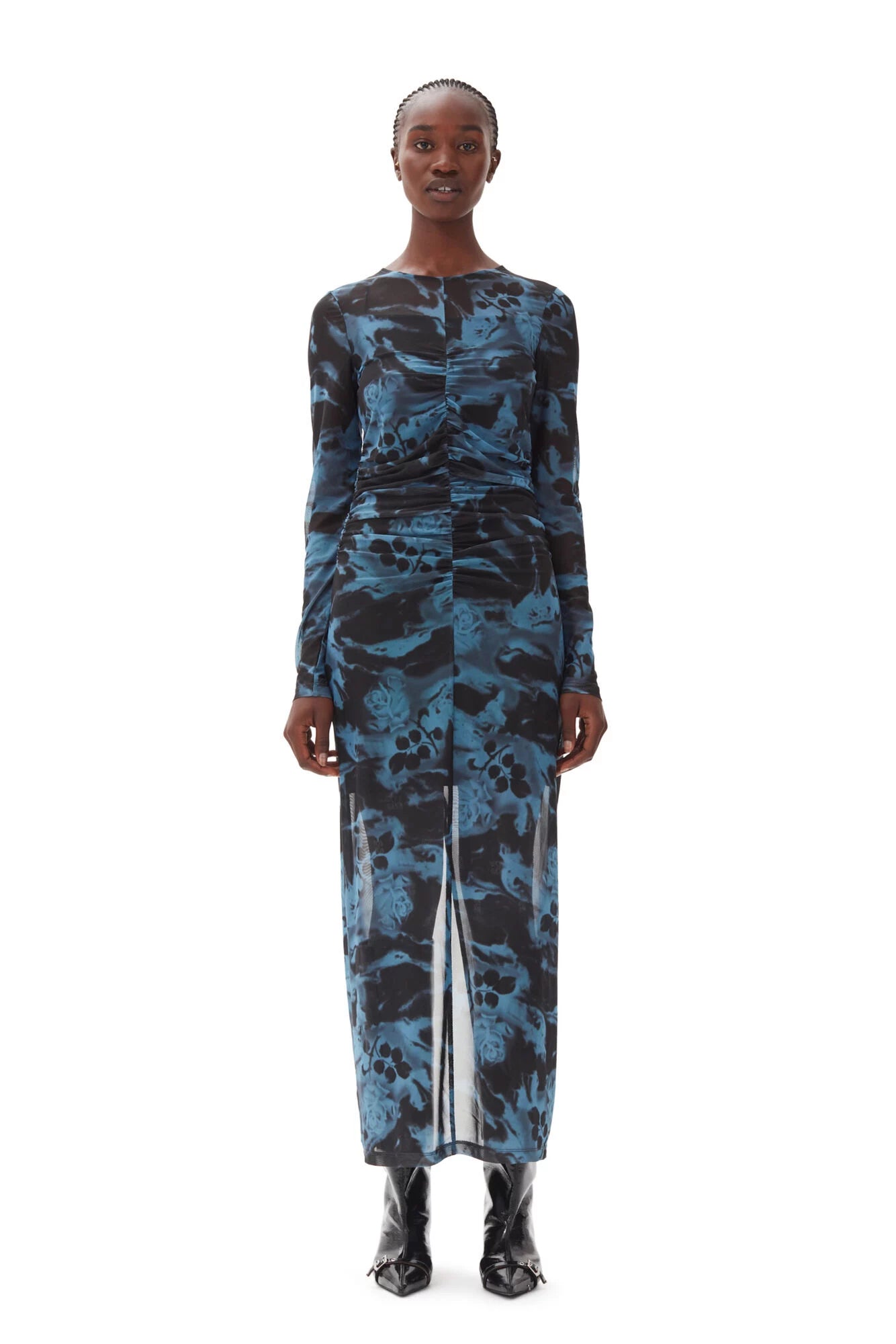 Printed Mesh O-neck Ruched Long Dress Dresses Ganni   