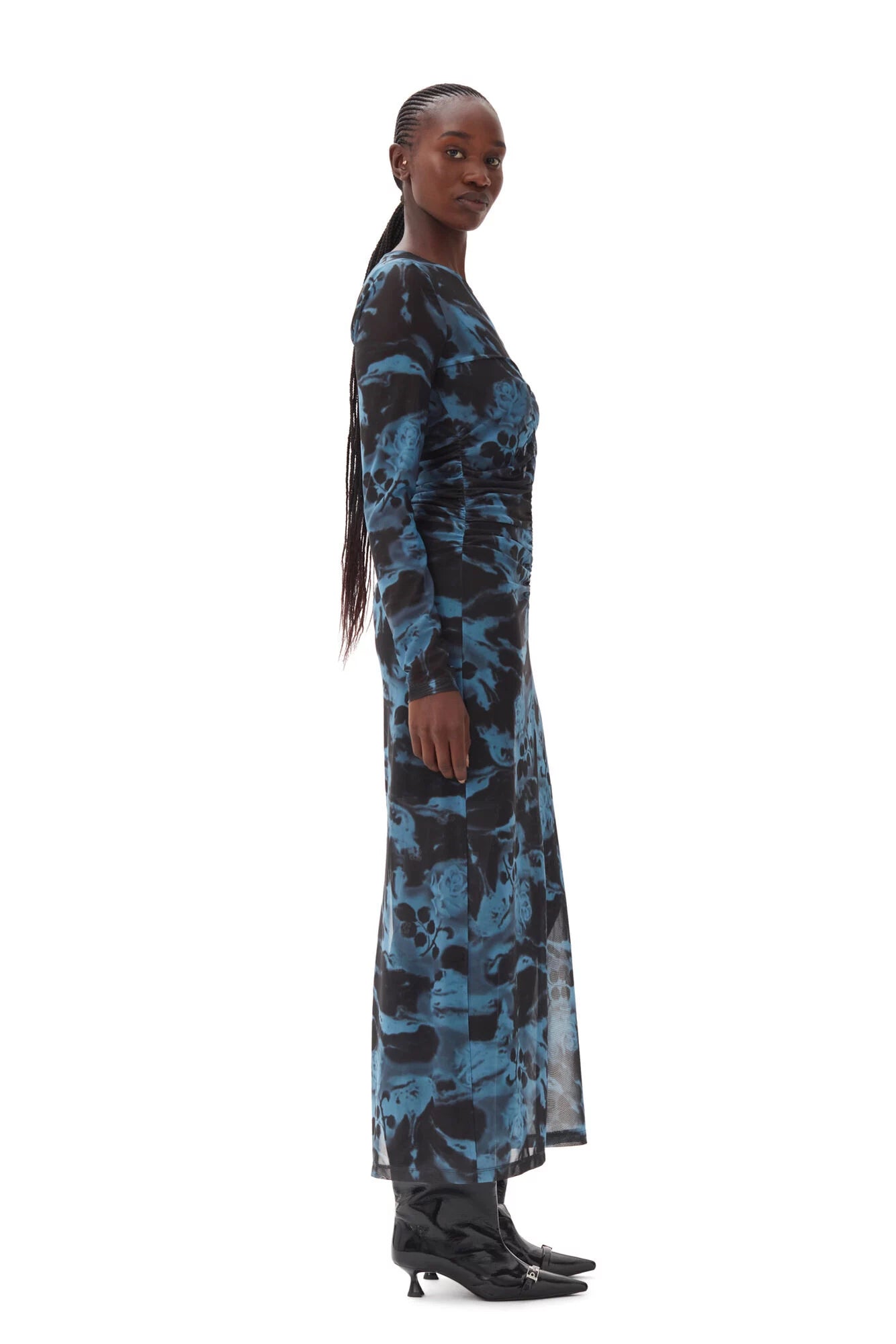 Printed Mesh O-neck Ruched Long Dress Dresses Ganni   
