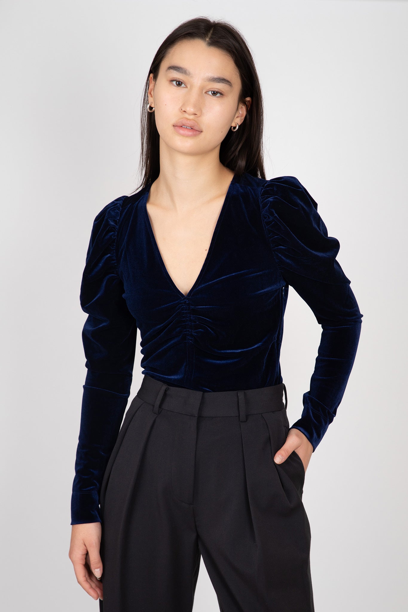    Ganni-Velvet-Jersey-V-Neck-Blouse-Total-Eclipse