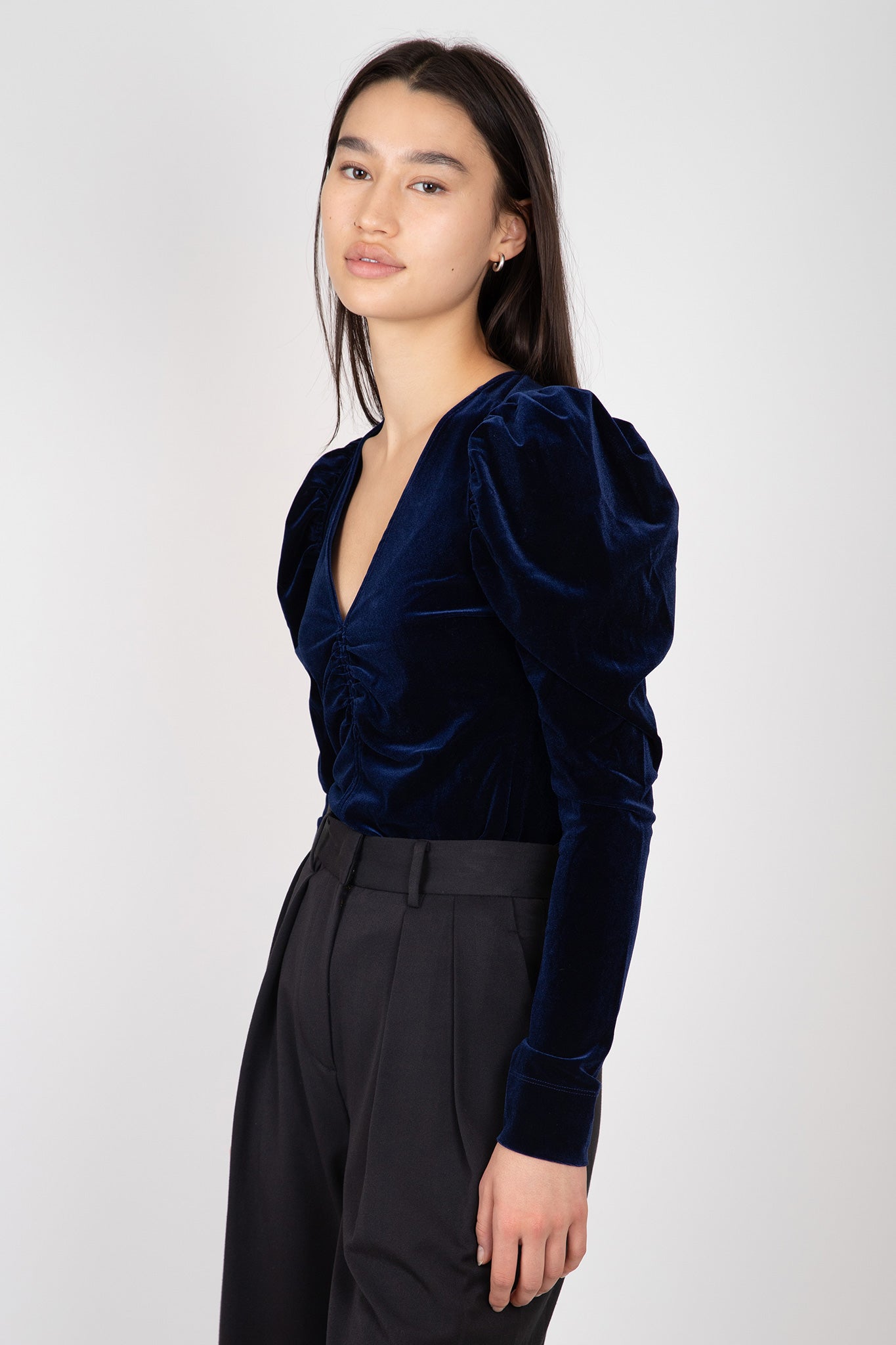    Ganni-Velvet-Jersey-V-Neck-Blouse-Total-Eclipse