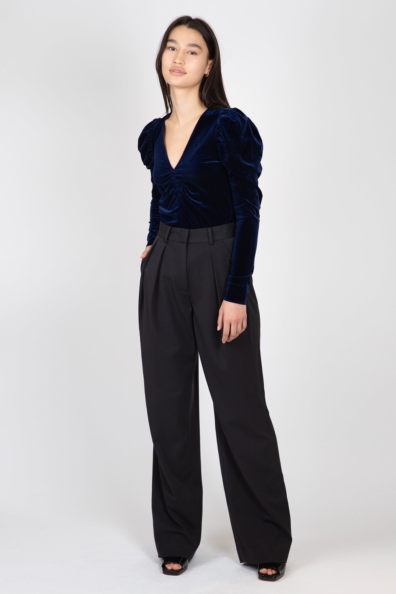    Ganni-Velvet-Jersey-V-Neck-Blouse-Total-Eclipse