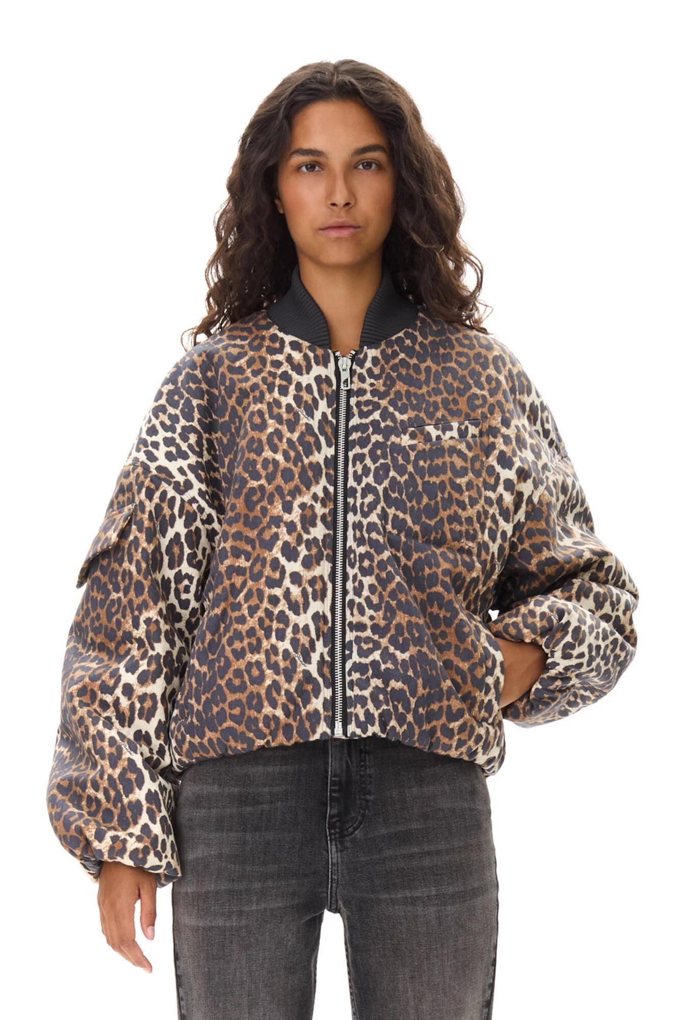 Printed Canvas Oversized Short Bomber Jacket Jackets & Coats Ganni   