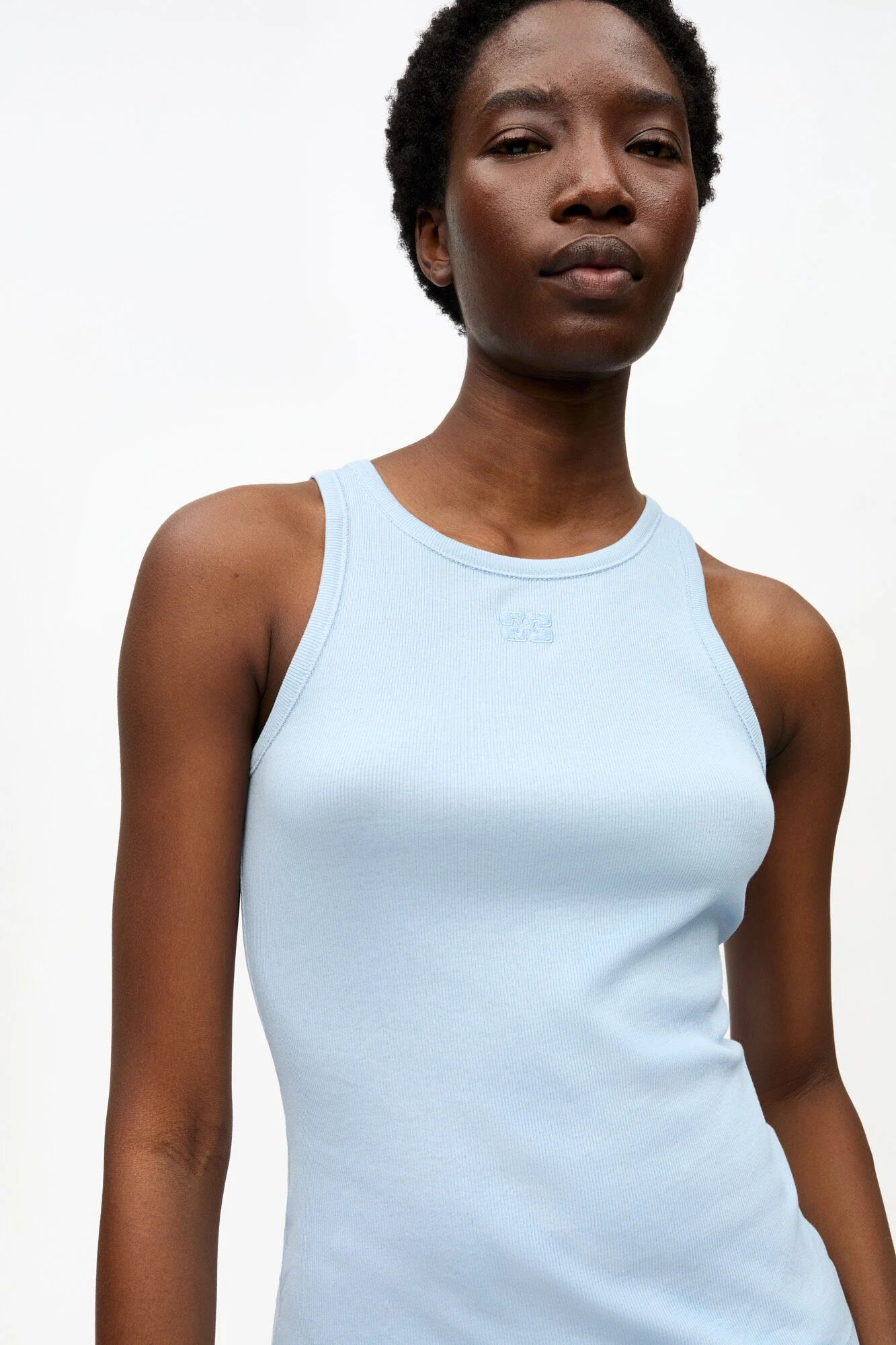 Blue Soft Cotton Rib Tank Top T-Shirts Ganni