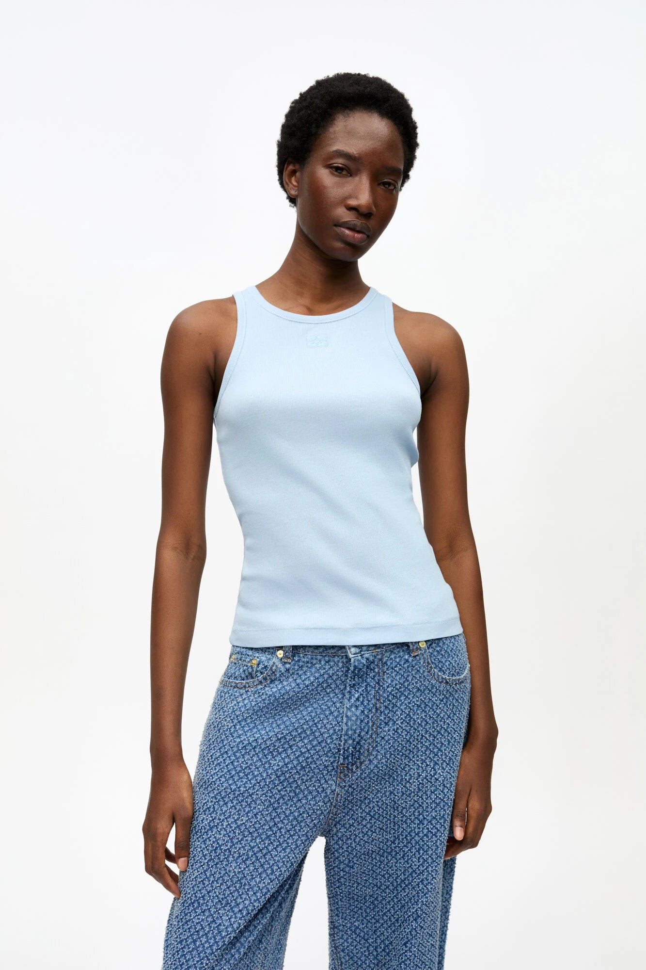 Blue Soft Cotton Rib Tank Top T-Shirts Ganni