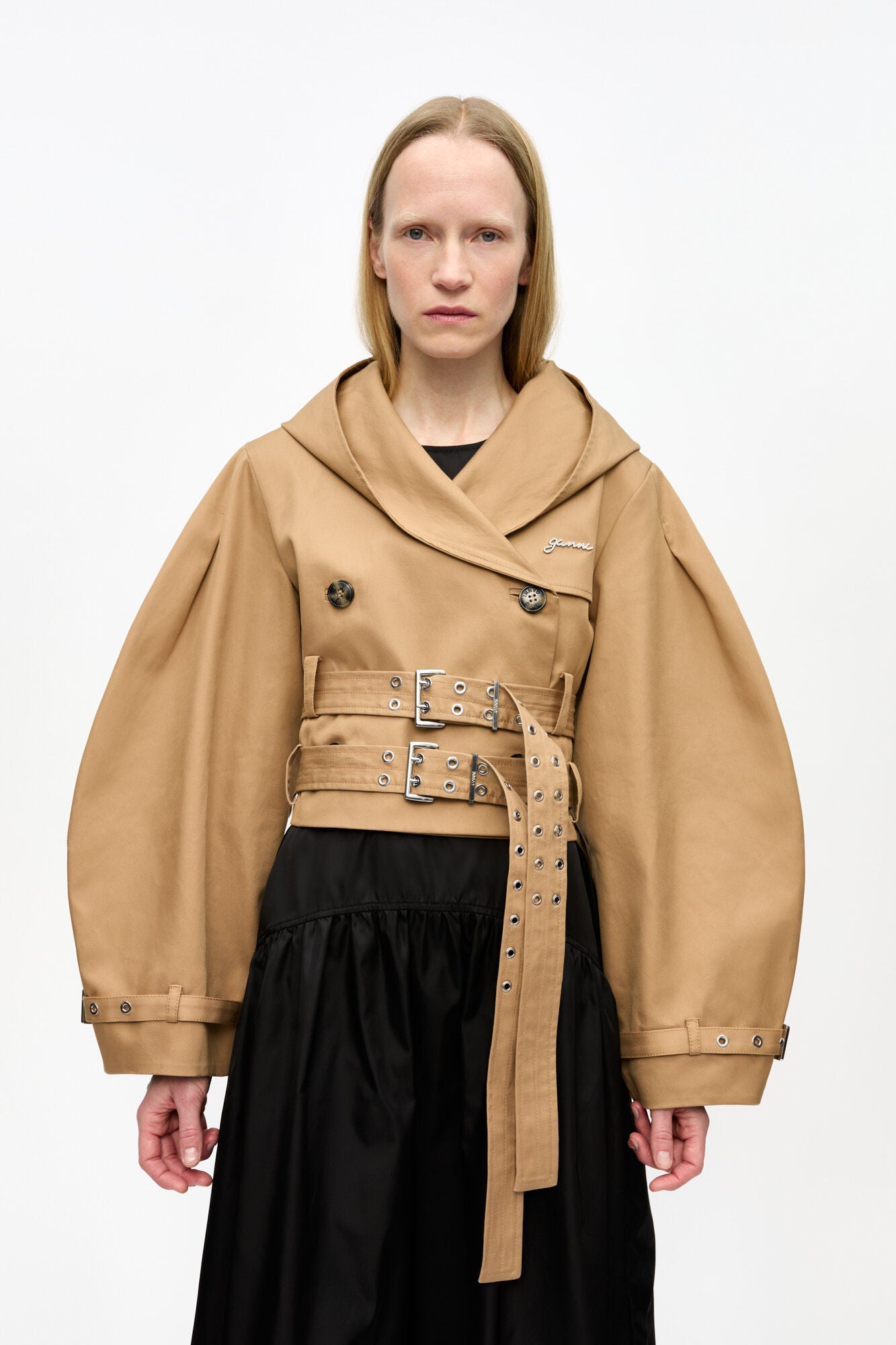 Camel Bonded Cotton Short Trench Jacket Jackets & Coats Ganni