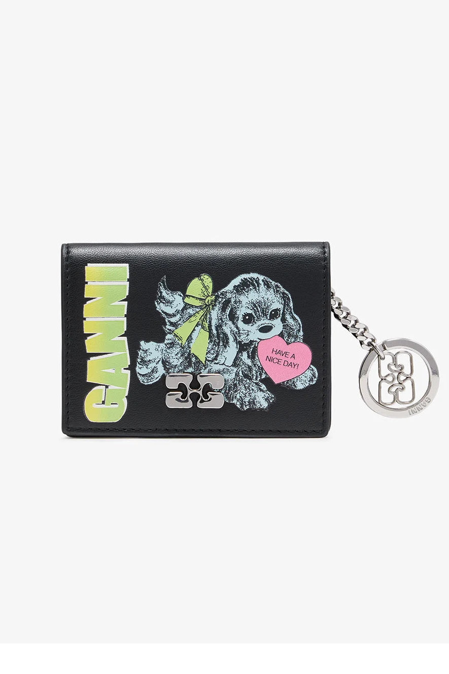 Card Holder in Blue With Flap and Dog Accessories Ganni