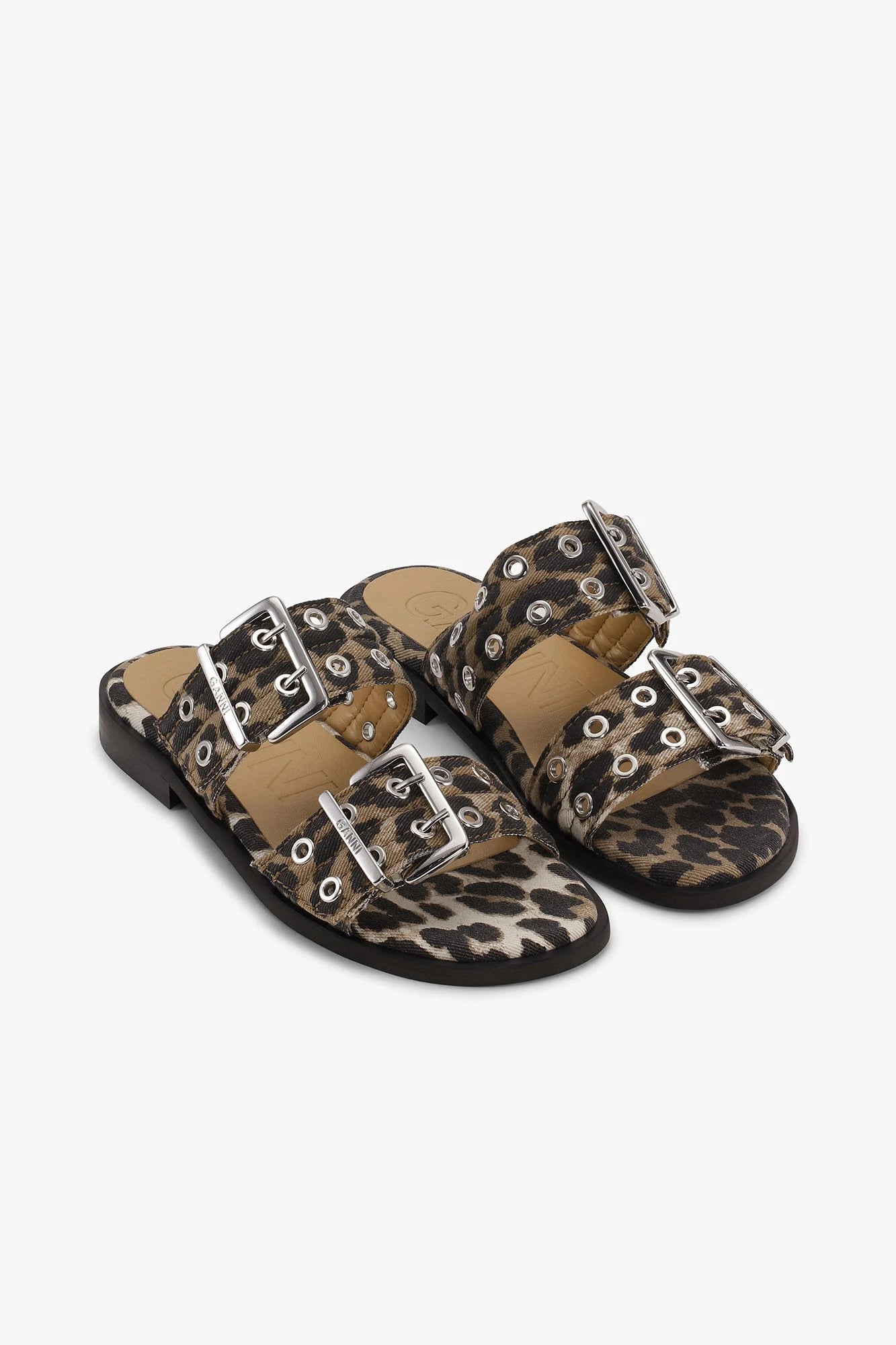Leopard Denim Feminine Buckle Two-Strap Sandals Footwear Ganni