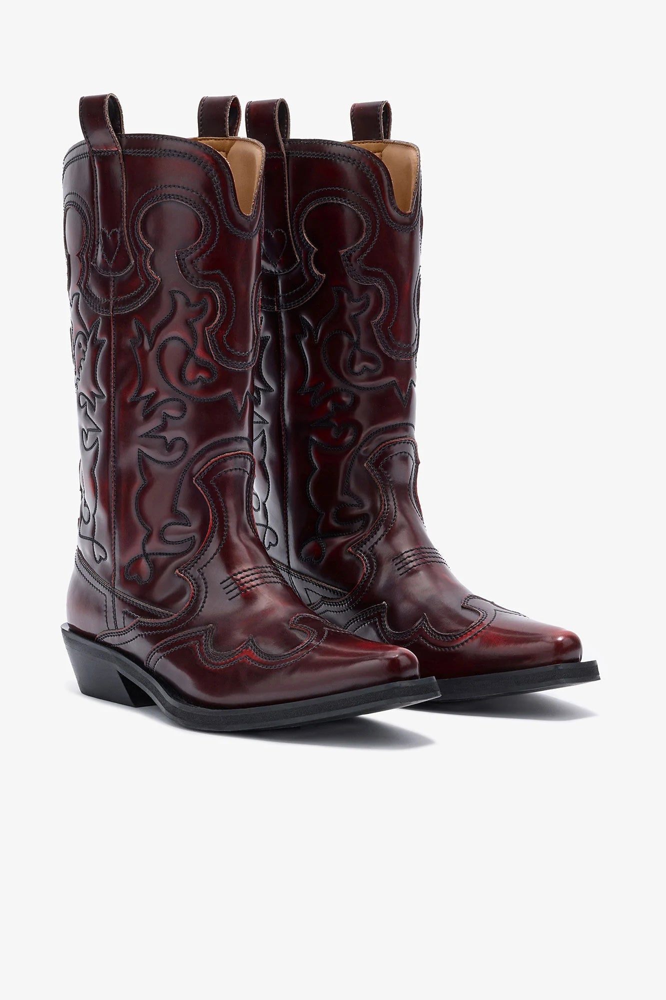 Mid Shaft Embroidered Western Boots in Burgundy Footwear Ganni