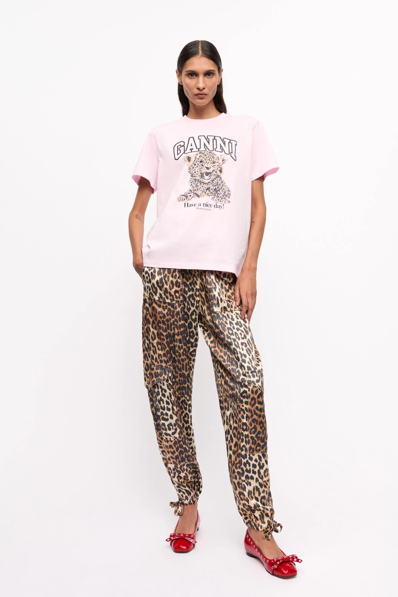 Pink Basic Jersey Leopard Relaxed T-shirt T-Shirts Ganni